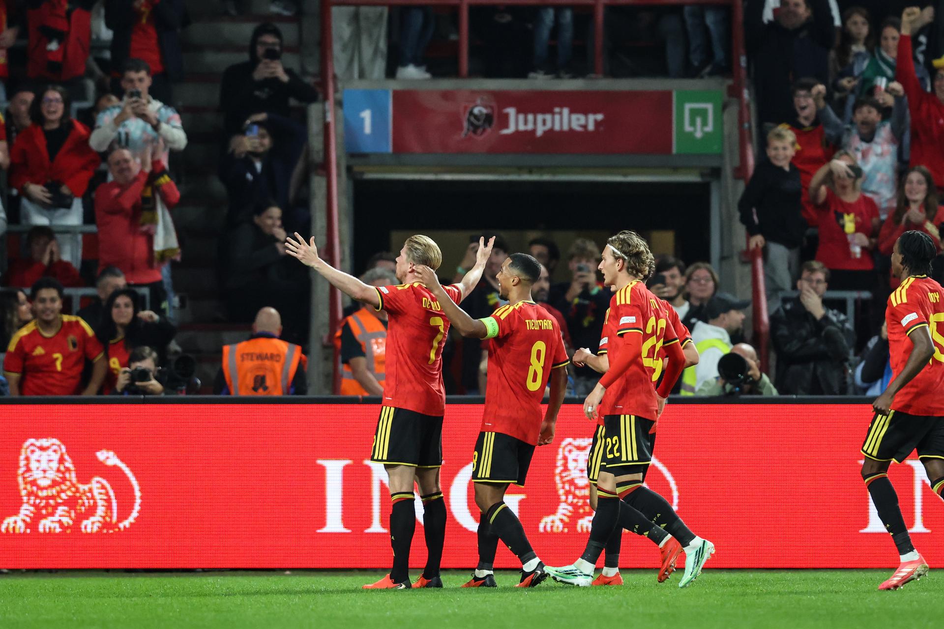 Belgium's Kevin De Bruyne celebrates after scoring during  a soccer game between Belgian national team Red Devils and Turkey, on Friday 2 October 2026  in Liege, the third game of the UEFA Nations League group stage. BELGA PHOTO BRUNO FAHY