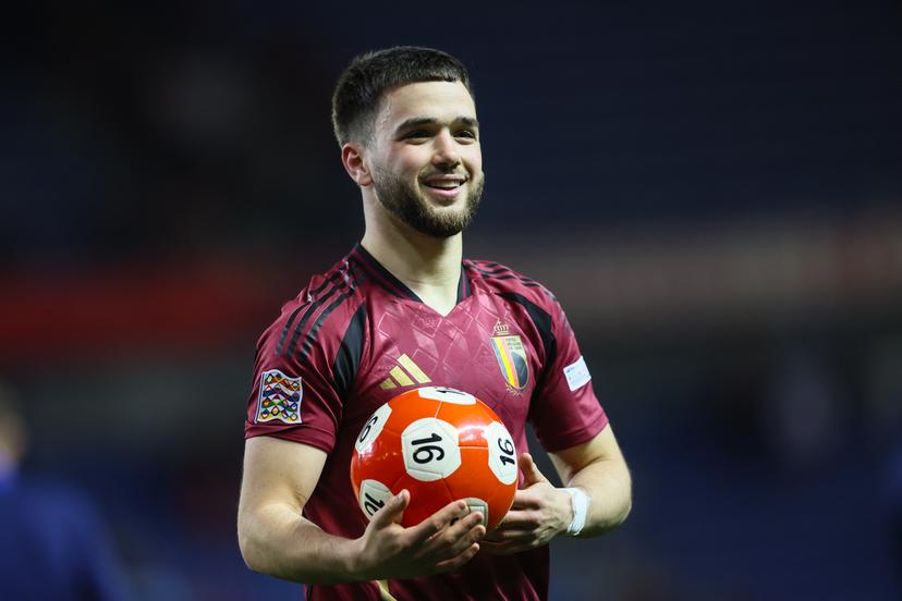 Belgium's Nicolas Raskin celebrates after a soccer game between Belgian national team the Red Devils and Ukraine, Sunday 23 March 2025 in Genk, the return leg of the Nations League playoff. Ukraine won the first leg 3-1. BELGA PHOTO BRUNO FAHY
