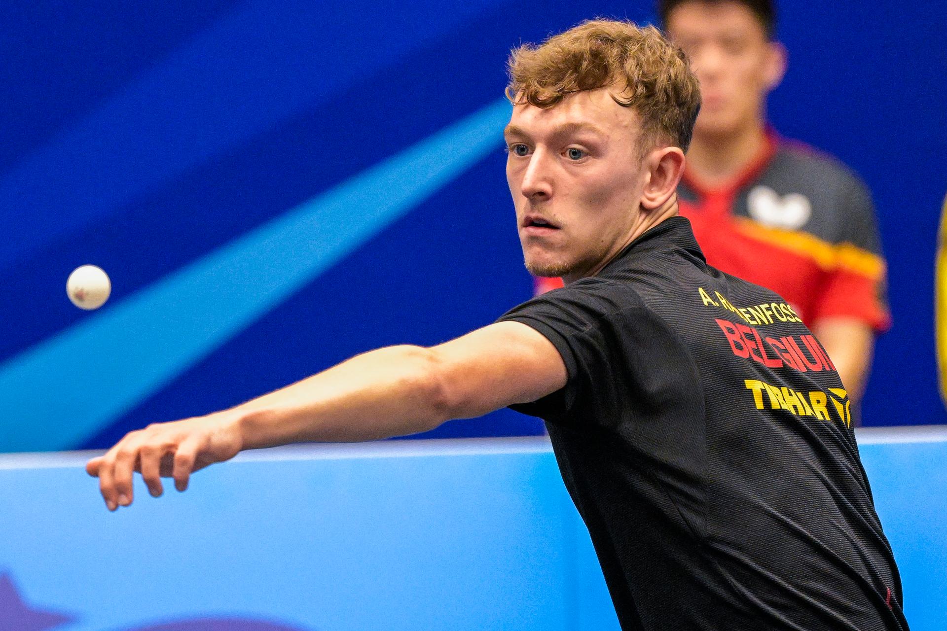 Table Tennis player Adrien Rassenfosse pictured in action during a match in the Men's Team Quarterfinal between Belgium and Germany, in the Table Tennis competition at the European Games in Krakow, Poland on Thursday 29 June 2023. The 3rd European Games, informally known as Krakow-Malopolska 2023, is a scheduled international sporting event that will be held from 21 June to 02 July 2023 in Krakow and Malopolska, Poland. BELGA PHOTO LAURIE DIEFFEMBACQ