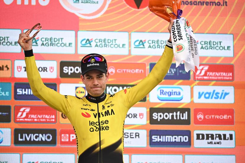 Belgian Wout van Aert pictured on the podium after the 'Milano-Sanremo' one day cycling race for men, 298km from Milan to San Remo, Italy, Saturday 21 March 2026. BELGA PHOTO DAVID PINTENS