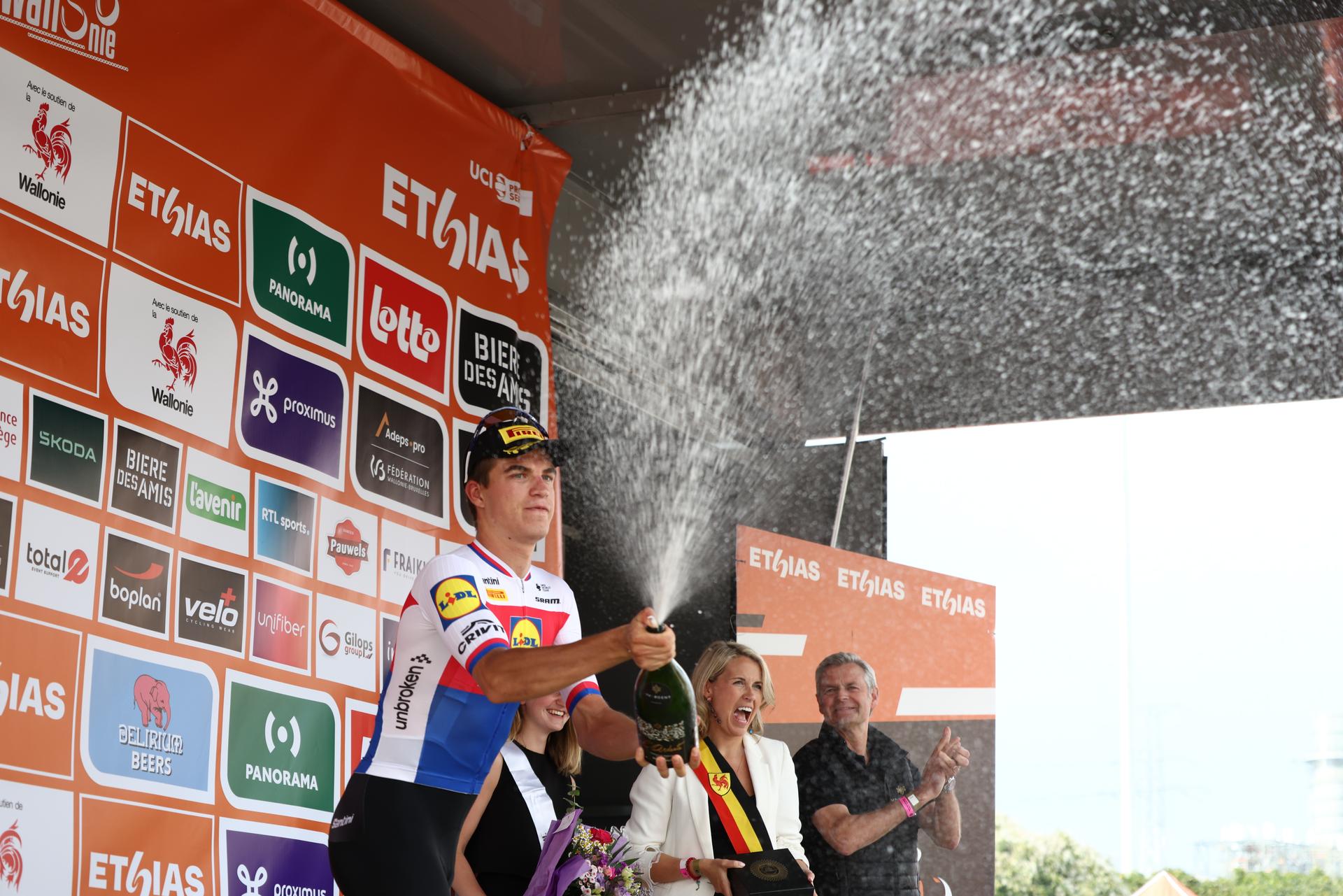 Czech Mathias Vacek of Lidl-Trek celebrates on the podium after winning the fourth stage of the Tour De Wallonie cycling race, from Welkenraedt to Seraing (163,3 km), on Tuesday 29 July 2025. BELGA PHOTO BRUNO FAHY