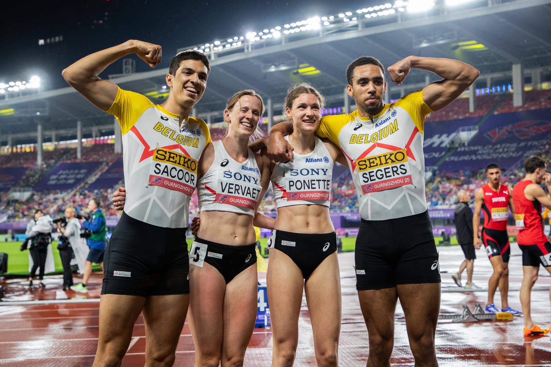 Belgian athletes Jonathan Sacoor, Imke Vervaet, Helena Ponette and Daniel Segers celebrate after the mixed 4x400m relay heats, at the world relay championships, on Saturday 10 May 2025 in Guangzhou, China. The world relay championships in Guangzhou take place from 10 to 11 May. BELGA PHOTO NIKOLA KRSTIC