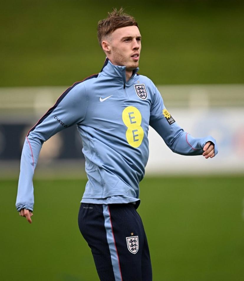 England's midfielder Cole Palmer takes part in a training session at St George's Park in Burton-upon-Trent, central England, on March 24, 2025, ahead of their international friendly football matches against Uruguay and Japan.  Paul ELLIS / AFP