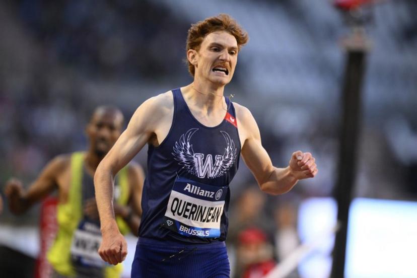 Luxembourg's Ruben Querinjean celebrates as he crosses the line to win the Men's 3000m Steeplechase event of the Diamond League athletics meeting at the King Baudouin Stadium in Brussels on August 22, 2025.  JOHN THYS / AFP