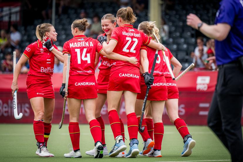 Belgium's players celebrate after scoring during a hockey game between Belgian national team Red Panthers and Germany, match 9/16 in the group stage of the 2025 women's FIH Pro League, Saturday 14 June 2025, in Antwerp. BELGA PHOTO JASPER JACOBS