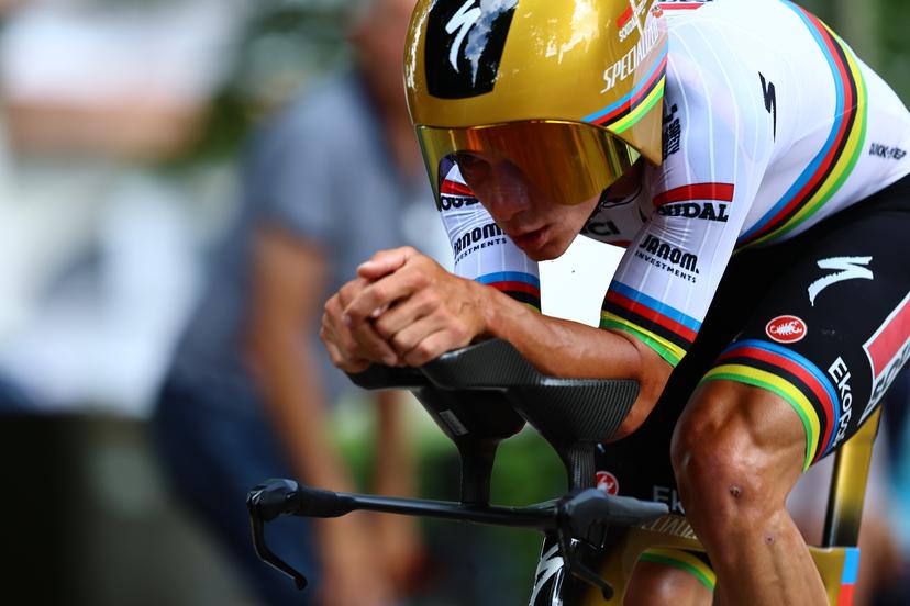 Belgian Remco Evenepoel of Soudal Quick-Step pictured in action during the men's elite individual time trial of the Belgian Cycling Championships, 40,2km, in Brasschaat, on Friday 27 June 2025. BELGA PHOTO DAVID PINTENS