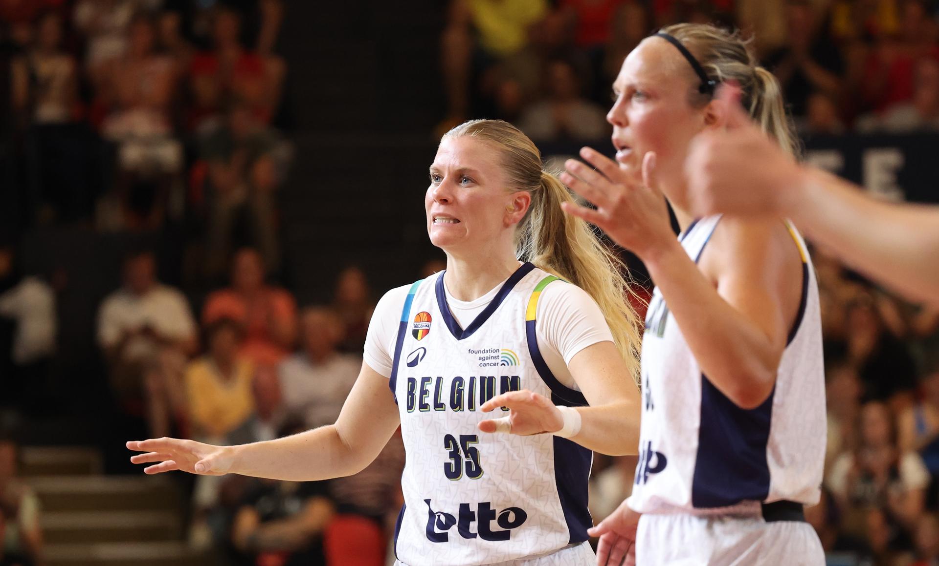 Belgium's Julie Vanloo and Belgium's Julie Allemand pictured during a friendly basket game between Belgium's national team Belgian Cats and Germany, in Oostende, on Saturday 14 June 2025. BELGA PHOTO VIRGINIE LEFOUR