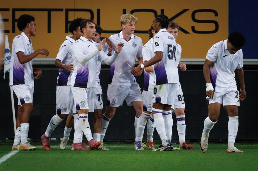 RSCA Futures' Mihajlo Cvetkovic celebrates after scoring during a soccer game between Jong KAA Gent and RSCA Futures Saturday 16 August 2025 in Gent, on day 2 of the 2025-2026 'Challenger Pro League' 1B second division of the Belgian championship. BELGA PHOTO KURT DESPLENTER
