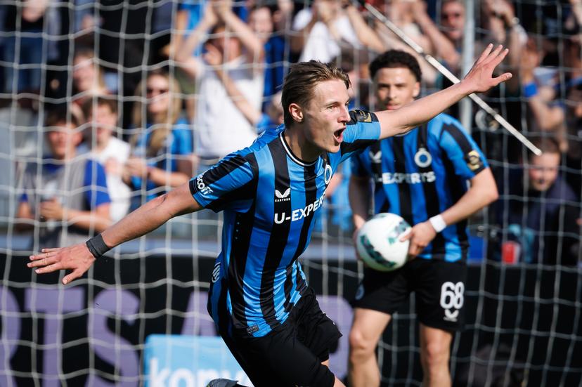Club's Romeo Vermant celebrates after scoring during a soccer match between Club Brugge and KAA Gent, Thursday 01 May 2025 in Brugge, on day 7 (out of 10) of the Champions' Play-offs of the 2024-2025 'Jupiler Pro League' first division of the Belgian championship. BELGA PHOTO KURT DESPLENTER