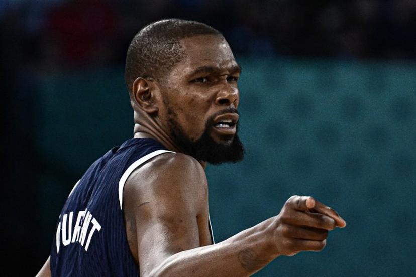 USA's #07 Kevin Durant gestures in the men's Gold Medal basketball match between France and USA during the Paris 2024 Olympic Games at the Bercy  Arena in Paris on August 10, 2024.  Aris MESSINIS / AFP