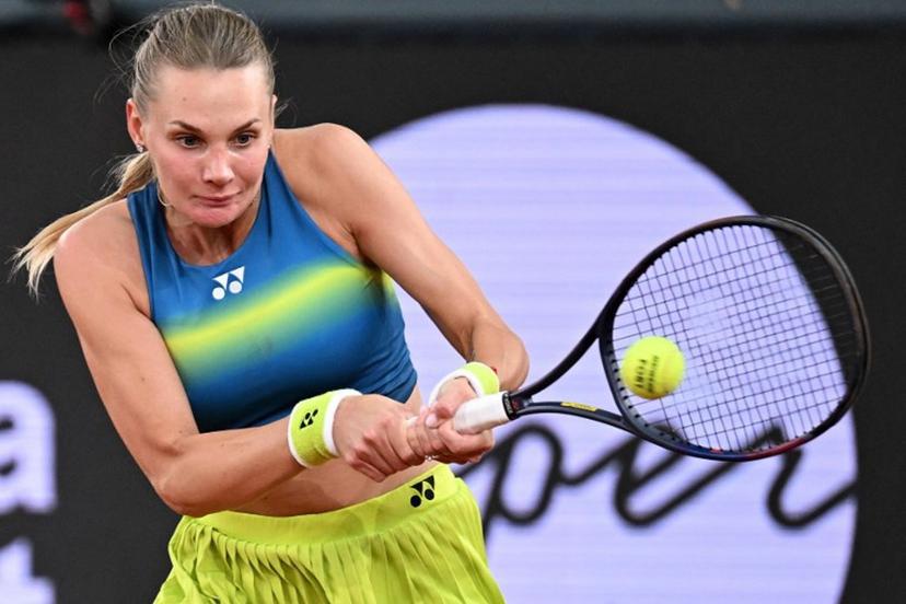 Ukraine's Dayana Yastremska hits a return to USA's Ann Li during their women's singles match of the WTA Upper Austria Ladies Linz tennis tournament in Linz, Austria on April 7, 2026.  BARBARA GINDL / APA / AFP