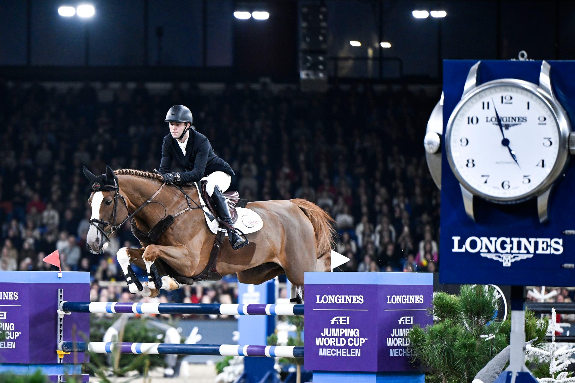 Belgian rider Gilles Thomas with Ermitage Kalone pictured in action during the FEI World Cup Jumping competition at the 'Vlaanderens Kerstjumping - Memorial Eric Wauters' equestrian event in Mechelen on Monday 30 December 2024. BELGA PHOTO TOM GOYVAERTS