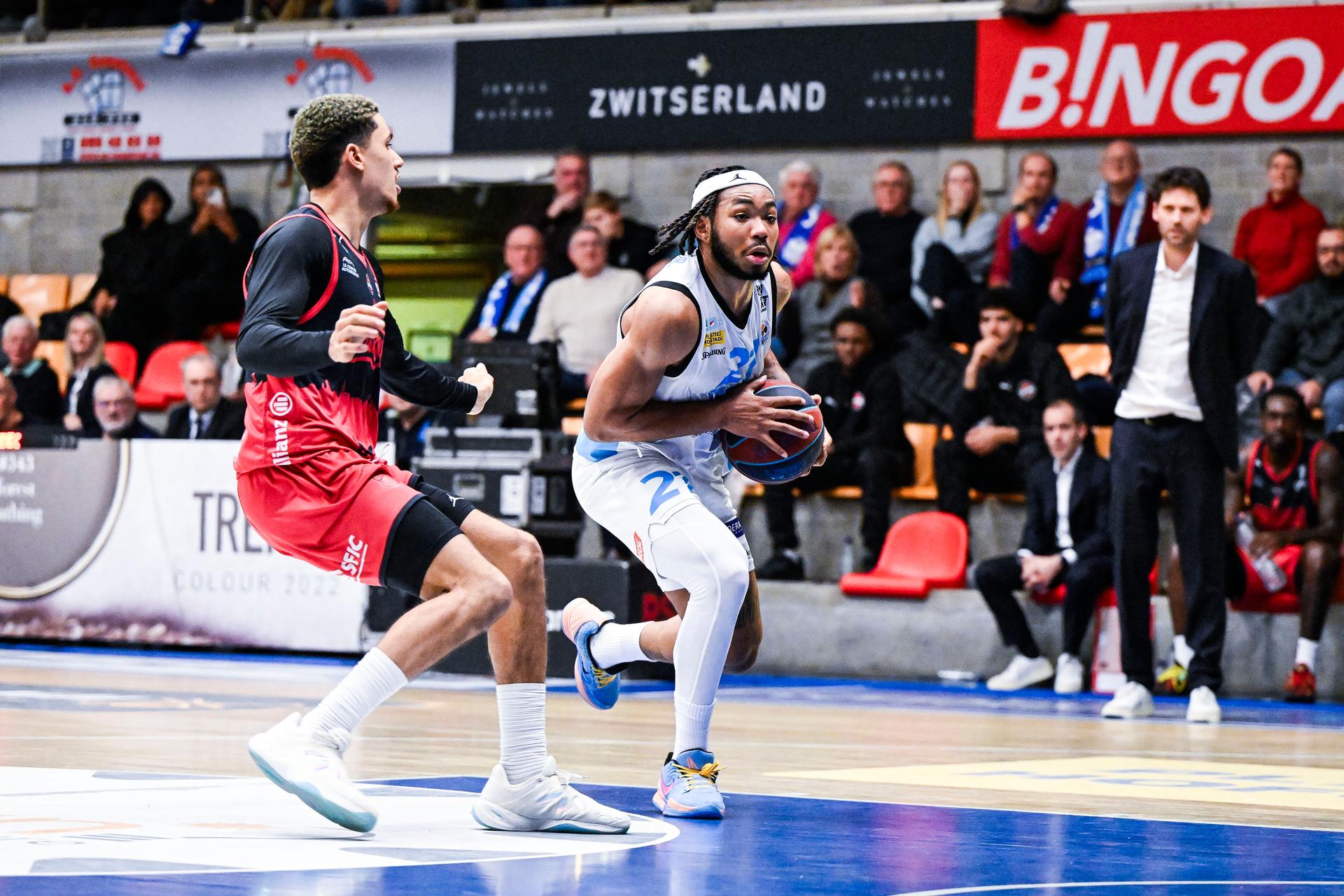 Spirou's Adedayo Polet and Aalst's Dante Maddox Jr. pictured in action during a basketball match between Spirou Charleroi and Okapi Aalst, Saturday 22 November 2025 in Aalst, on day 9 of the 'BNXT League' Belgian/ Dutch first division basket championship. BELGA PHOTO TOM GOYVAERTS