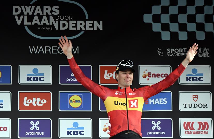 Norwegian Soren Waerenskjold pictured on the podium after the men elite race of the 'Dwars Door Vlaanderen' cycling event, 184,6km from Roeselare to Waregem, Wednesday 01 April 2026. BELGA PHOTO TOM GOYVAERTS