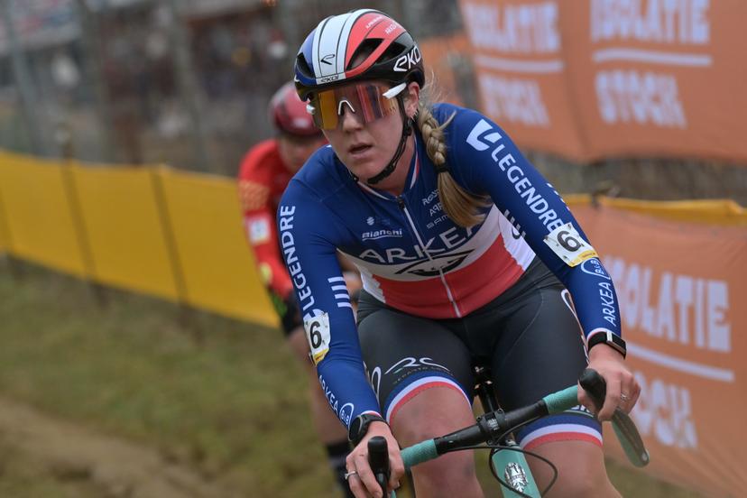 French Amandine Fouquenet pictured in action during the women elite race at the cyclocross cycling event in Heusden-Zolder, stage 5/8 in the Superprestige competition, Tuesday 23 December 2025. BELGA PHOTO DAVID PINTENS