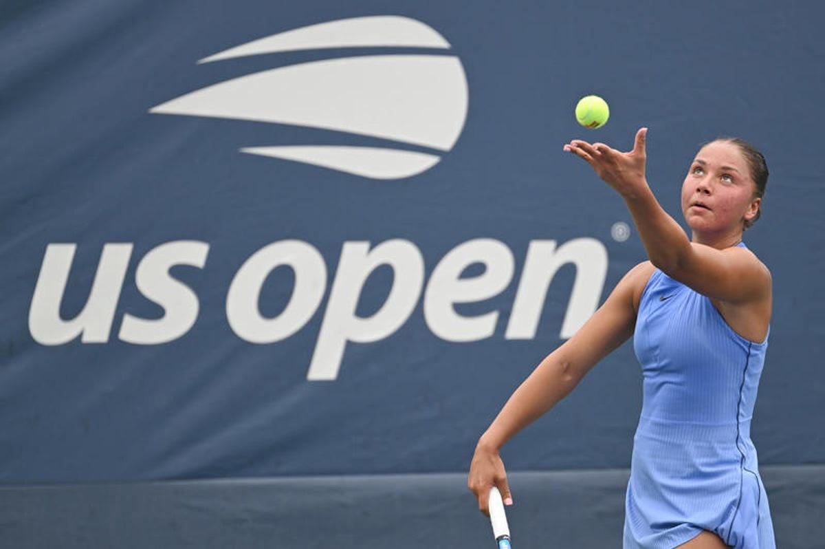 Sofia Costoulas of Belgium serves against Katie Volynets of the United States during the Women's Qualifying Singles 1st round at the USTA Billie Jean King National Tennis Center in Flushing Meadow-Corona Park, in the Queens borough of New York, NY, August 18, 2025. (Photo by Anthony Behar/SipaUSA)