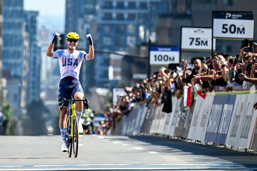 American Ashlin Barry celebrates as he crosses the finish line to win the Men U23 Road Race race (174,2km) at the cycling World Championship, in Montreal, Canada, Friday 25 September 2026. The UCI road world championships are taking place from 20 to 27 September, in Montreal, Canada. BELGA PHOTO JASPER JACOBS
