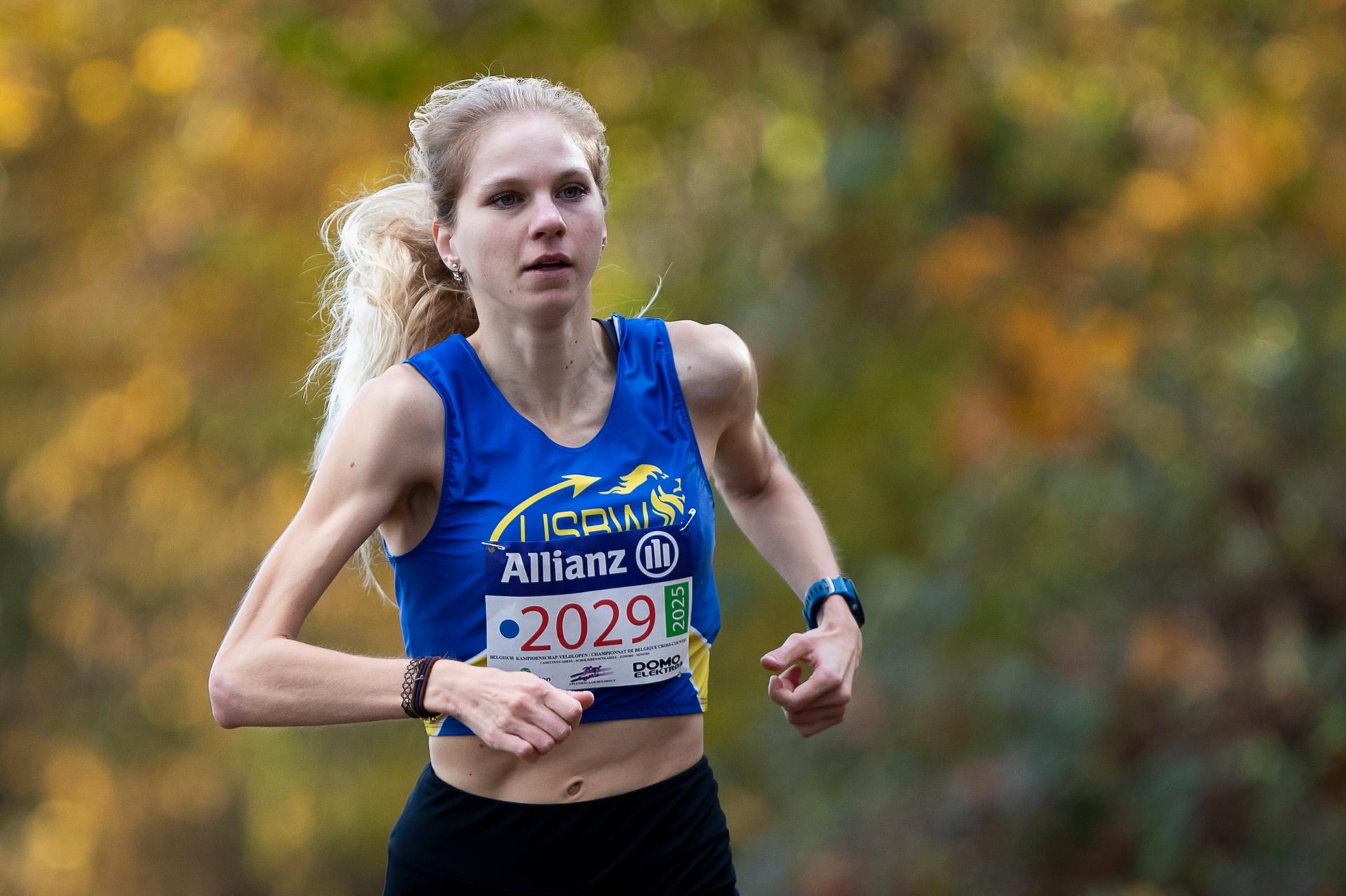 Belgian Roxane Cleppe pictured in action during the women elite race of the CrossCup cross country running athletics event in Hulshout, the third stage of the CrossCup competition and the Belgian Championships, Sunday 17 November 2024. BELGA PHOTO KRISTOF VAN ACCOM