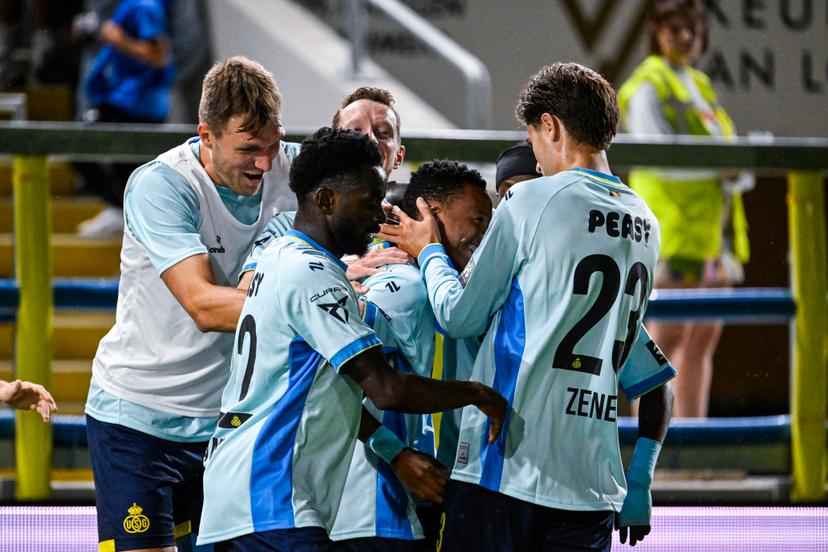 Union's Relebohile Mofokeng celebrates after scoring during a soccer match between KVC Westerlo and Royale Union Saint-Gilloise, Saturday 8 August 2026 in Westerlo, on day 1 of the 2026-2027 'Jupiler Pro League' first division of the Belgian championship. BELGA PHOTO TOM GOYVAERT