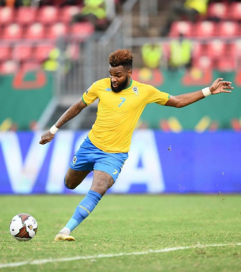 Gabon's forward Aaron Boupendza kicks the ball during the Africa Cup of Nations (CAN) 2021 round of 16 football match between Burkina Faso and Gabon at Limbe Omnisport Stadium in Limbe on January 23, 2022.   Charly TRIBALLEAU / AFP