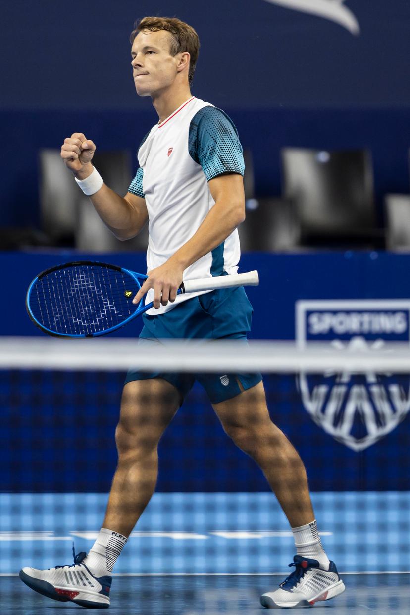 Belgian Michael Geerts pictured during the qualifying phase of the European Open Tennis ATP tournament, in Antwerp, Sunday 13 October 2024. BELGA PHOTO DAVID PINTENS