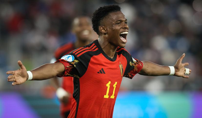 Belgium's Largie Ramazani celebrates after scoring the 0-2 goal during the second game of the group stage (group A) between Georgia and Belgium at the UEFA Under21 European Championships, in Tbilisi, Georgia, Saturday 24 June 2023. The UEFA Under21 European Championships take place from 21 June to 08 July in Georgia and Romania. BELGA PHOTO BRUNO FAHY