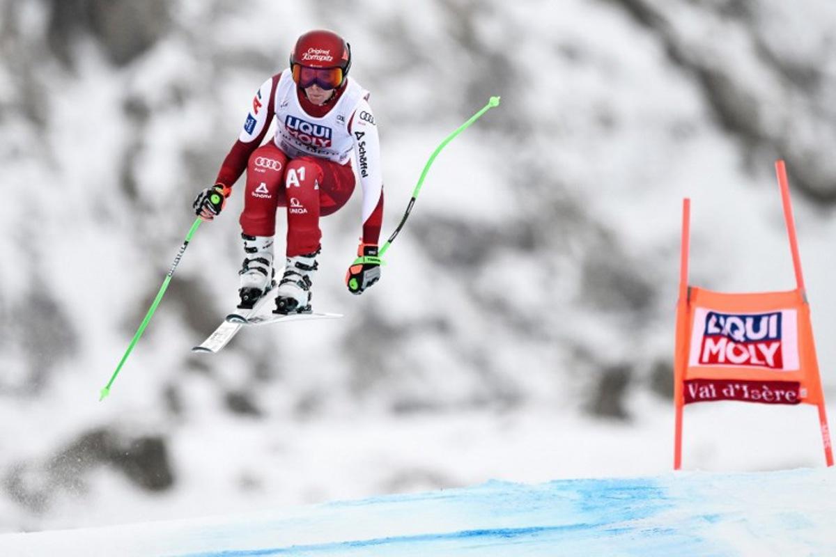 Austria's Cornelia Huetter competes in the women's downhill race part of the FIS Alpine Ski World Cup 2025-2026, in Val d'Isere, south western France, on December 20, 2025.  Jeff PACHOUD / AFP