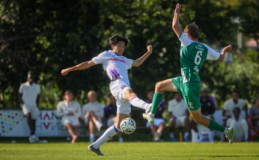 Anderlecht's Keisuke Goto fights for the ball during a friendly soccer game between Belgian soccer team RSC Anderlecht and Dutch team Dordrecht, during their summer camp in Renesse, the Netherlands on Saturday 12 July 2025. The team is preparing for the upcoming 2025-2026 first division season. BELGA PHOTO VIRGINIE LEFOUR