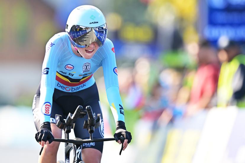 Belgium's Laura Five finishes as second in the Women Junior Individual Time Trial race (22km) at the cycling UEC Road European Championships, in Ljubljana, Slovenia, on Wednesday 7 October 2026. The UEC Road European Championships are taking place from 02 to 07 October in Ljubljana, Slovenia. BELGA PHOTO DAVID PINTENS