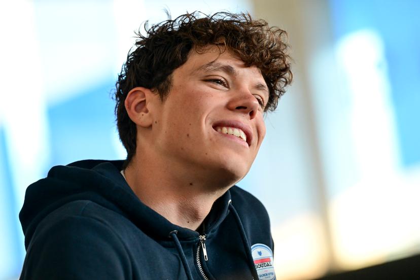 French Paul Magnier of Soudal Quick-Step pictured during a press conference of the Soudal Quick-Step cycling team, to discuss this weekend's one-day cycling race Omloop Het Nieuwsblad, the opening race of the Flemish classic one day races season, Thursday 26 February 2026 in Deerlijk. BELGA PHOTO DIRK WAEM