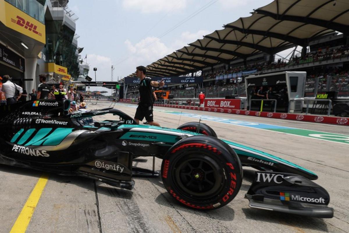Mercedes' Italian driver Kimi Antonelli steers out of his garage into the pit lane during the third practice session ahead of the Formula One Bahrain Grand Prix in Sepang on October 3, 2026.  I-HWA CHENG / AFP