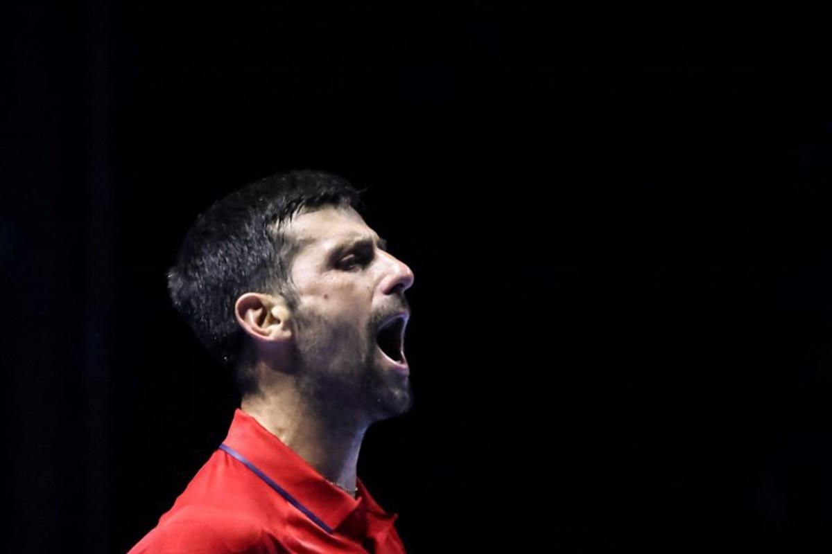 Serbia's Novak Djokovic reacts after a point against US' Taylor Fritz during the third-placed match at the Six Kings Slam exhibition tennis tournament in Riyadh on October 18, 2025.  Fayez NURELDINE / AFP