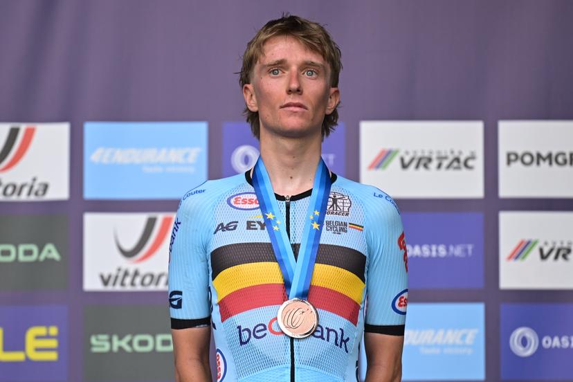 Belgian Niels Driesen pictured on the podium after finishing third of the Men U23 Road Race race (141,8km) at the cycling UEC Road European Championships, in Ljubljana, Slovenia Friday 2 October 2026. The UEC Road European Championships are taking place from 02 to 07 October in Ljubljana, Slovenia. BELGA PHOTO DAVID PINTENS