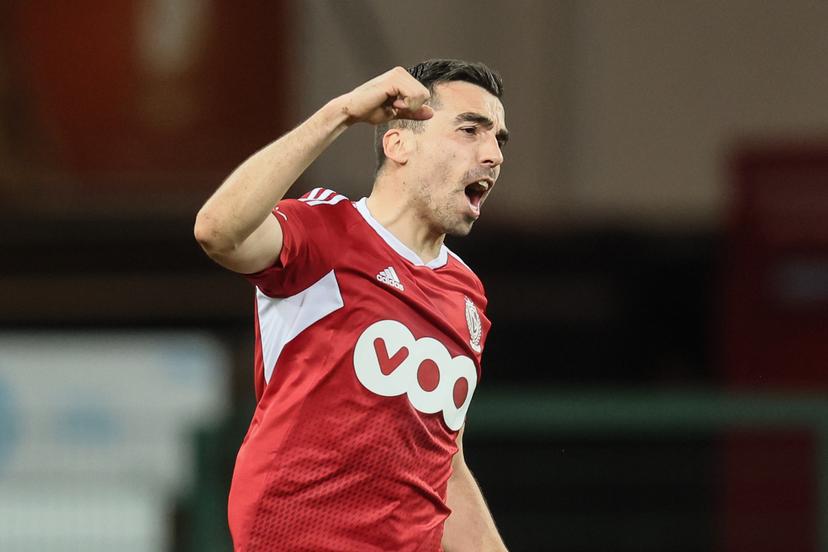 Standard's Noe Dussenne celebrates after scoring during a soccer match between Standard de Liege and SV Zulte Waregem, Saturday 18 March 2023 in Liege, on day 30 of the 2022-2023 'Jupiler Pro League' first division of the Belgian championship. BELGA PHOTO BRUNO FAHY