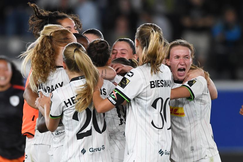 OHL Women's players` celebrate after scoring during a soccer match between Oud-Heverlee Leuven Women and Bosnian-Herzegovinian SFK 2000 Sarajevo, Wednesday 27 August 2025 in Leuven, the first game in the qualification tournament for the UEFA Champions League competition. BELGA PHOTO JILL DELSAUX