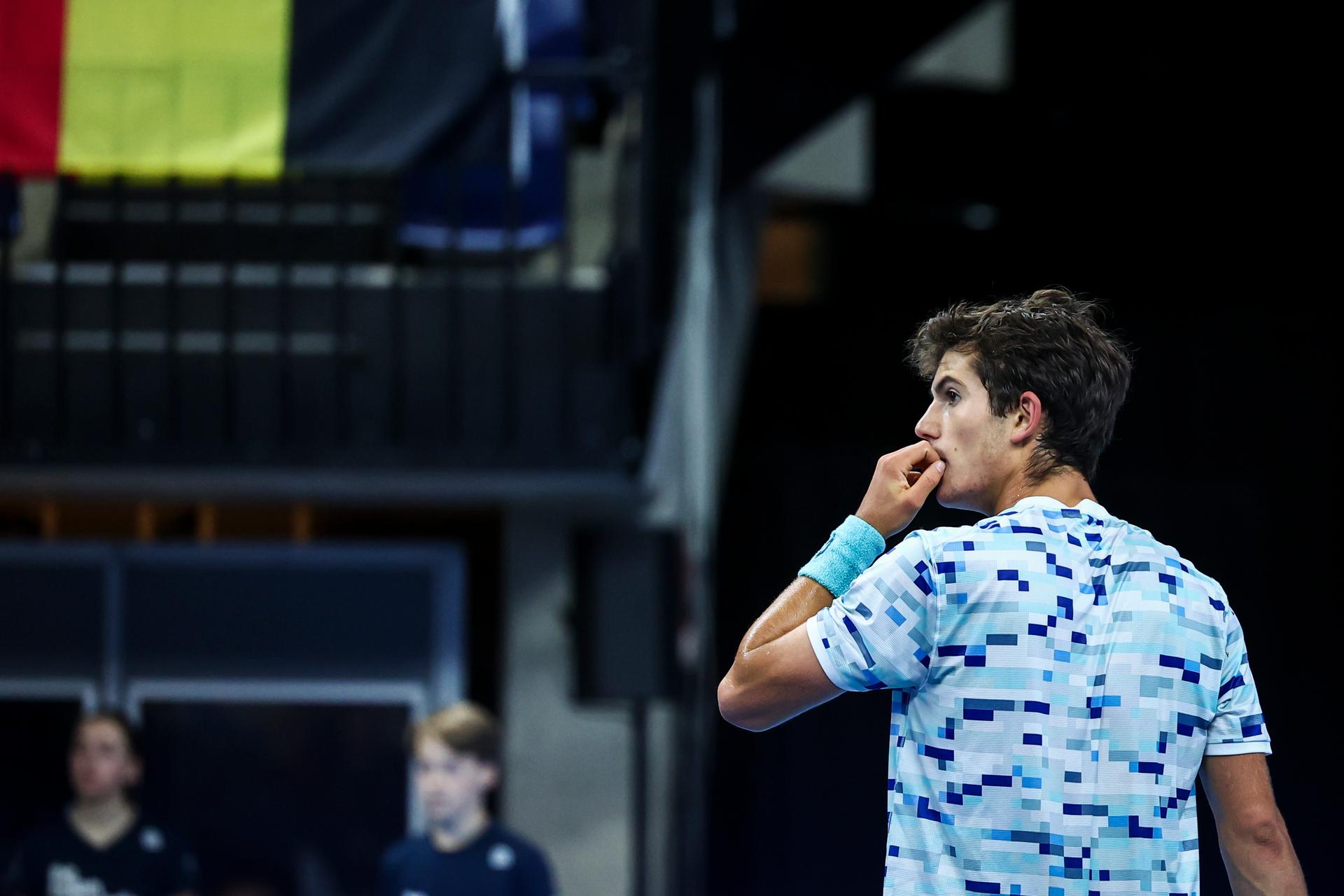 Belgian Gilles-Arnaud Bailly looks dejected during a tennis match in the round of 32 of the singles competition at the ATP European Open Tennis tournament in Antwerp, Wednesday 16 October 2024. BELGA PHOTO DAVID PINTENS