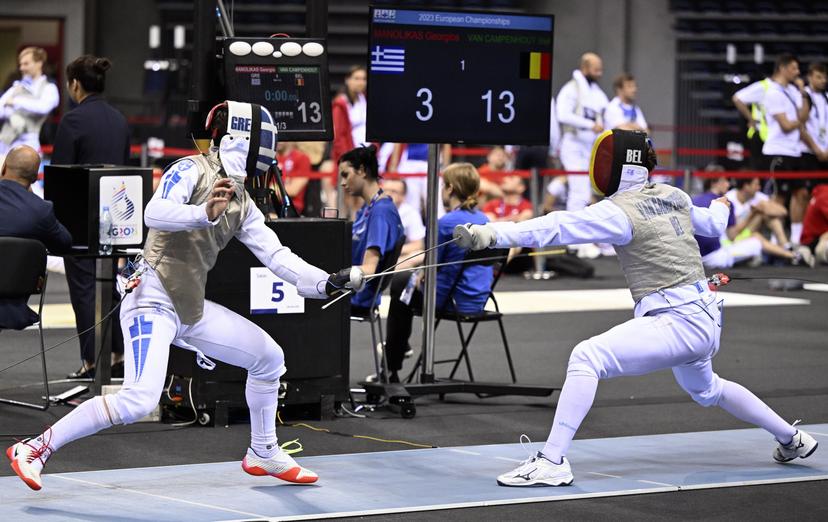 Fencing Athlete Stef Van Campenhout pictured during a fight in the men's foil competition, at the European Games in Krakow, Poland on Monday 26 June 2023. The 3rd European Games, informally known as Krakow-Malopolska 2023, is a scheduled international sporting event that will be held from 21 June to 02 July 2023 in Krakow and Malopolska, Poland. BELGA PHOTO LAURIE DIEFFEMBACQ