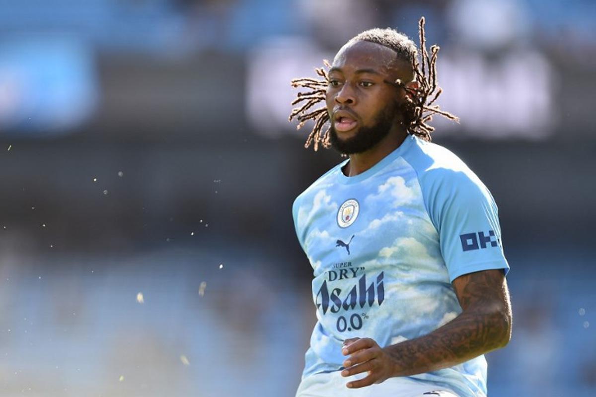Manchester City's Ghanaian midfielder #42 Antoine Semenyo warms up ahead of the English Premier League football match between Manchester City and Sunderland at the Etihad Stadium in Manchester, north west England, on September 20, 2026.  PETER POWELL / AFP