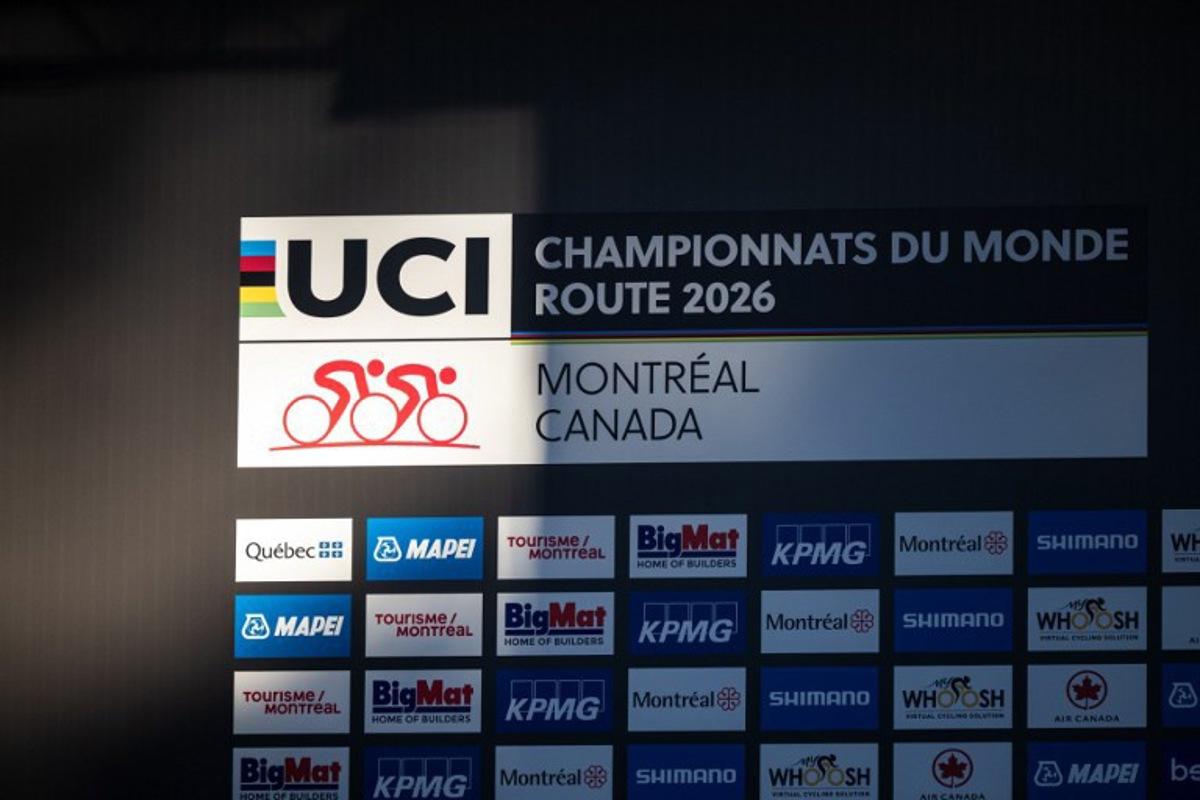 The UCI World Championship logo is displayed during the opening ceremony of the UCI World Cycling Championship in Montreal, Quebec, Canada, on September 19, 2026.   ANDREJ IVANOV / AFP