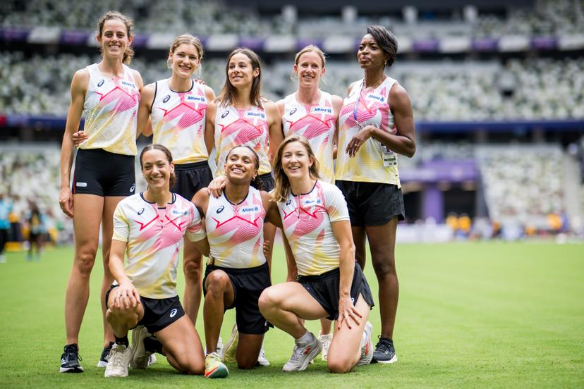 Messalina Pieroni, Belgian athlete Ilana Hanssens, Belgian Helena Ponette, Belgian Camille Laus, Belgian Naomi Van den Broeck, Belgian Imke Vervaet, Belgian Paulien Couckuyt and Belgian athletics coach Carole Kaboud Me Bam pictured in action during a training session at the National Stadium of Tokyo before the World Athletics Championships in Tokyo, Japan, on Friday 12 September 2025. The outdoor Worlds are taking place from 13 to 21 September. BELGA PHOTO JASPER JACOBS