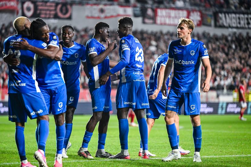 Genk's Aaron Bibout Banind celebrates after scoring during a soccer match between Royal Antwerp FC and KRC Genk, Saturday 22 August 2026 in Antwerp, on day 3 of the 2026-2027 'Jupiler Pro League' first division of the Belgian championship. BELGA PHOTO TOM GOYVAERT