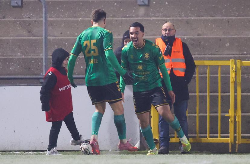 Francs Borains' Lucas Lima celebrates during a soccer game between Royal Francs Borains and RFC Liege, Friday 21 November 2025 in Boussu, on day 14 of the 2025-2026 'Challenger Pro League' 1B second division of the Belgian championship. BELGA PHOTO VIRGINIE LEFOUR
