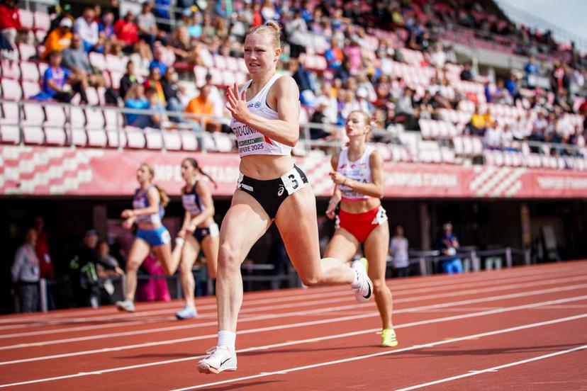 Belgian Lauren Petroci-Coninx pictured in action during the women's 200m race, and she qualified for the semifinal at the European Athletics U20 Championships, in Tampere, Finland, Friday 08 August 2025. The European U20 championships take place from 07 to 10 August.  BELGA PHOTO COEN SCHILDERMAN