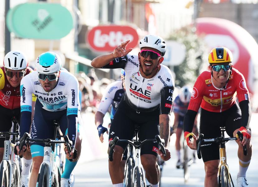 Colombian Juan Sebastian Molano of UAE Team Emirates celebrates after winning the 'Classic Brugge-De Panne' men's elite one-day cycling race, 195,6 km from Brugge to De Panne, Wednesday 26 March 2025. BELGA PHOTO KURT DESPLENTER
