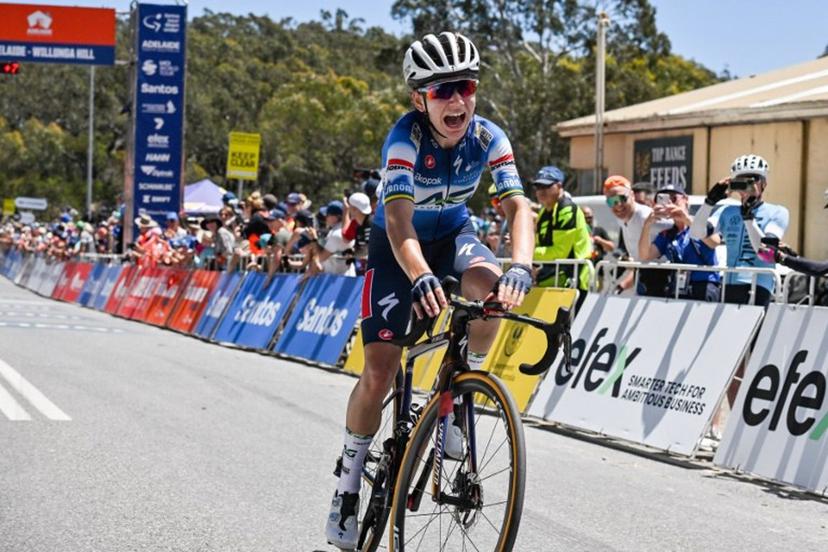 FDJ-SUEZ rider Sarah Gigante from Australia reacts as she wins the third stage of the Tour Down Under cycling race in Adelaide on January 14, 2024.  Brenton EDWARDS / AFP