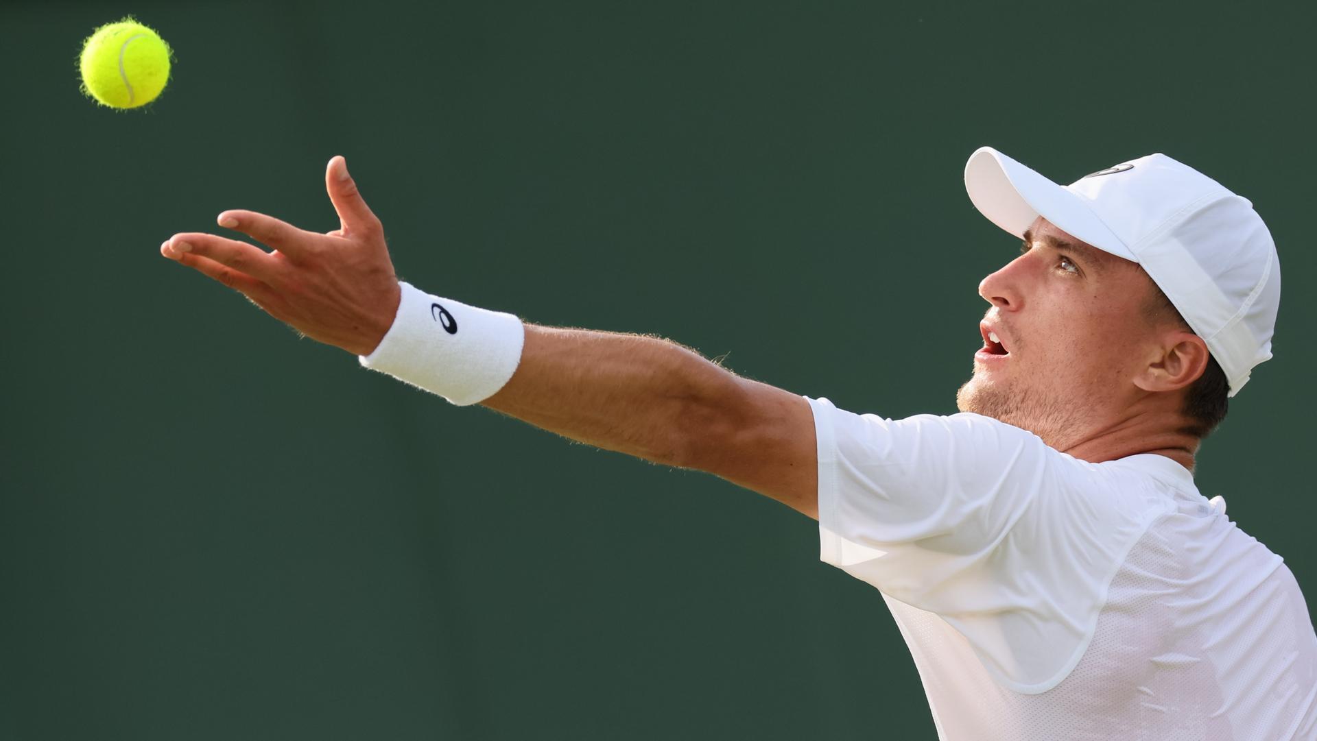 Belgian Raphael Collignon pictured in action at a tennis game against Croatian Cilic, in the first round of the men's singles at the 2025 Wimbledon grand slam tournament, Tuesday 01 July 2025 at the All England Tennis Club, in South-West London, Britain. BELGA PHOTO BENOIT DOPPAGNE
