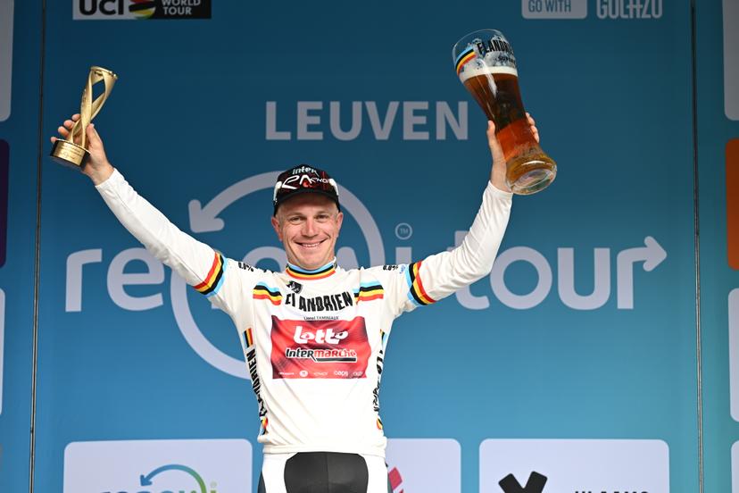 Belgian Lionel Taminiaux pictured on the podium after the fifth and last stage of the 'Renewi Tour' multi-stage cycling race, from and to Leuven (183,7 km) on Sunday 23 August 2026. The five-day race takes place from 19 to 23/08. BELGA PHOTO DAVID PINTENS