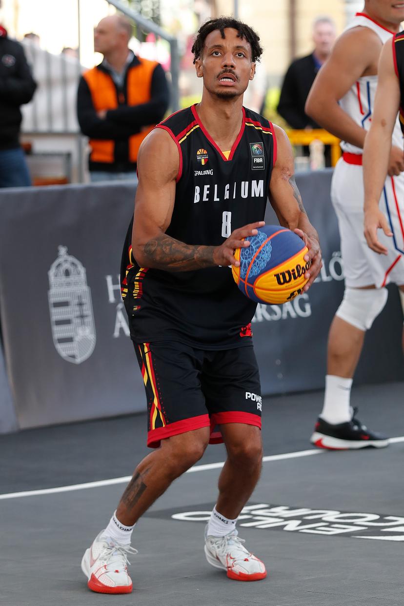 Belgian Dennis Donkor is pictured in action during a game between Belgium and Mongolia in the group D, at the Olympic qualification tournament for the 2024 Olympics, in Debrecen, Hungary, Friday 17 May 2024. BELGA PHOTO NIKOLA KRSTIC