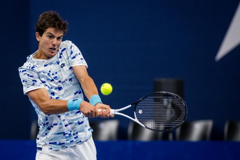 Belgian Gilles-Arnaud Bailly pictured in action during a tennis match in the qualification phase for the ATP European Open Tennis tournament in Antwerp, Monday 14 October 2024. BELGA PHOTO JASPER JACOBS