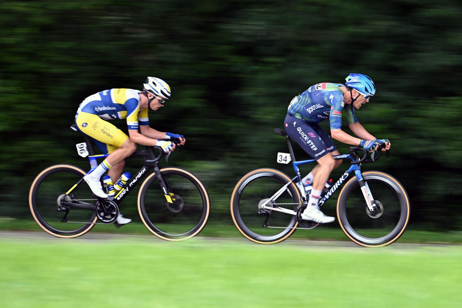 Live action photo of Belgian Victor Vercouillie of Team Flanders-Baloise and Belgian Louis Vervaeke of Soudal Quick-Step in action at the Belgian Cycling Championships, on Sunday 28 June 2026 in Brasschaat. BELGA PHOTO POOL MAARTEN STRAETEMANS